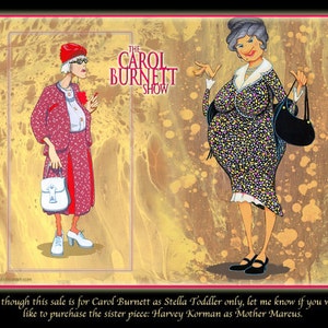 May include: A digital illustration of Carol Burnett as Stella Toddler from "The Carol Burnett Show". The illustration is in a cartoon style and features a woman with a red hat and a floral dress holding a purse. The background is a yellow and brown marbled pattern.