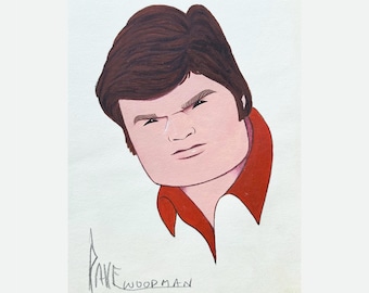 Puede incluir: Retrato en acuarela de un hombre con cabello castaño y camisa roja con cuello. El hombre tiene una expresión severa. La firma del artista, "Dave Woodman", es visible en la esquina inferior izquierda.