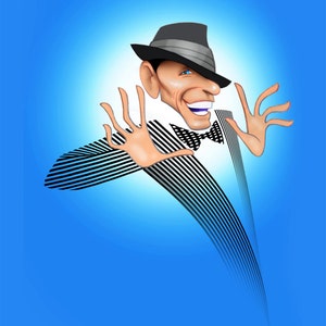 Peut inclure: Illustration de dessin animé d'un homme portant un chapeau fedora, un nœud papillon et un costume à rayures. L'homme sourit, les bras tendus sur un fond bleu dégradé. L'illustration est signée.