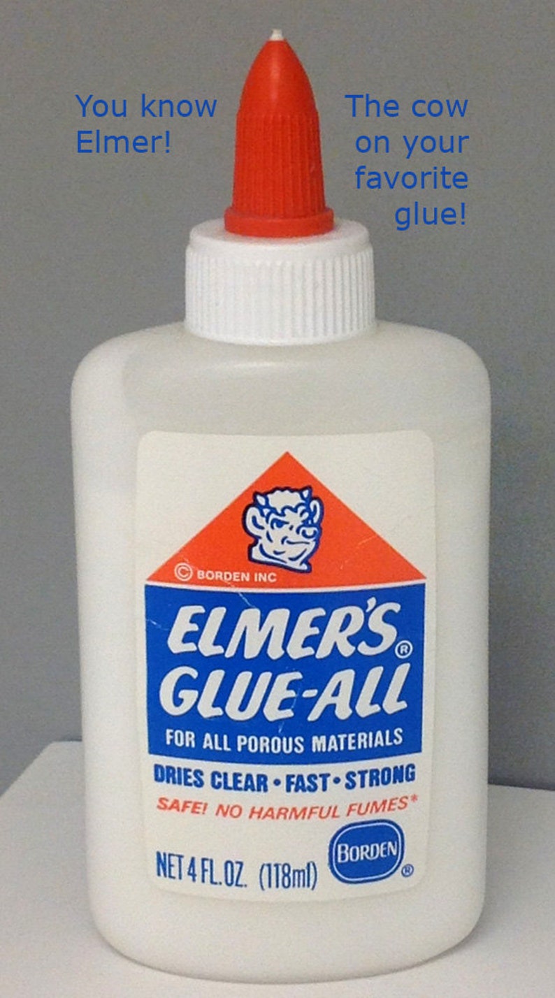May include: A white plastic bottle of Elmer's Glue-All with a red cap. The label is blue and red with the text "Elmer's Glue-All" and "For all porous materials". The bottle contains 4 fluid ounces (118 ml) of glue.