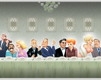 Dave Woodman's PALM SPRINGS celebrity dinner party parody caricature art print by Dave Woodman