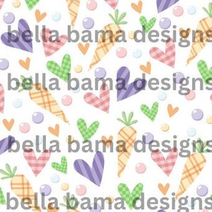 Könnte beinhalten: Ein nahtloses Muster mit orangefarbenen Karotten, grünen und violetten Herzen und pastellfarbenen Punkten auf weißem Hintergrund.