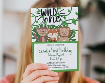 EDITABLE Wild One Birthday Invitation, First Birthday Editable Invitation, Safari Wild One, One Wild Year, Jungle Animals, INSTANT DOWNLOAD