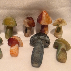 May include: A collection of ten small, hand-carved mushroom figurines made from various types of polished agate and stone. Each mushroom features unique natural banding, swirls, and color variations including shades of green, brown, orange, and gray.