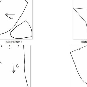 May include: Four different sewing patterns for a raptor costume. The patterns are labeled "Raptor Pattern-1", "Raptor Pattern-2", "Raptor Pattern-3", and "Raptor Pattern-4".