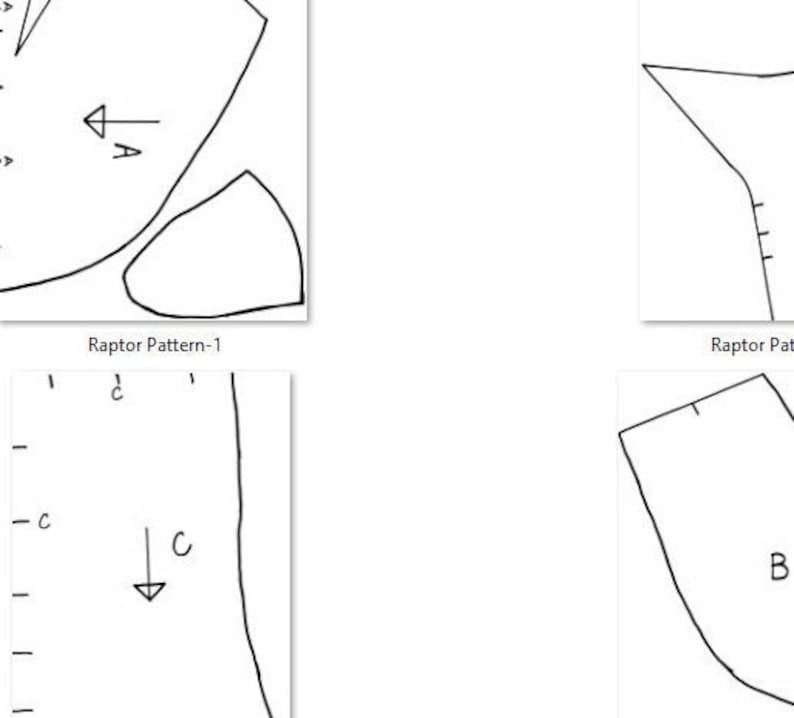 May include: Four different sewing patterns for a raptor costume. The patterns are labeled "Raptor Pattern-1", "Raptor Pattern-2", "Raptor Pattern-3", and "Raptor Pattern-4".