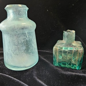 Ink Bottle, Old Large Rectangular Aqua Glass, Antique English Bubble Glass, Calligraphy Writing Materials Salvage