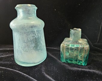 Ink Bottle, Old Large Rectangular Aqua Glass, Antique English Bubble Glass, Calligraphy Writing Materials Salvage