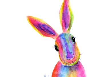 Happy Hare / Rabbit Prints from Painting Painting ' RaiNBoW ' by Shirley MacArthur, Hare Prints, Hare Gifts, Art, Hare Watercolour, Cute,Fun