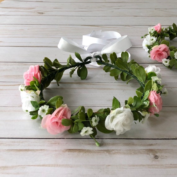 Fille De Fleur Blanche Rose Couronne De Fleur De Souffle De Chéris Roses Tête De Mariée Rose Denfant Appui De Pousse De Photo De Fille De Bébé