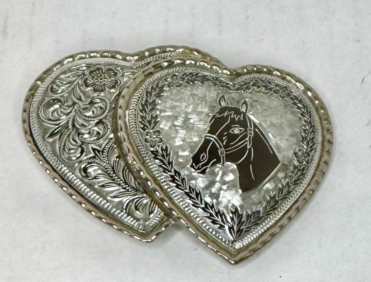 Silver Heart-Shaped Andalusian Horse Heart shaped Belt Buckle,Handmade,Bling Silver Tone Western Heart Belt – Unique Vintage main image 4