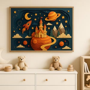 Könnte beinhalten: Ein gerahmtes Kunstwerk zeigt eine fantastische Weltraumszene mit einem Schloss auf einem Planeten, einer Rakete und einem Planeten mit Ringen. Die Farbpalette umfasst Orange-, Blau- und Gelbtöne. Das Kunstwerk wird über einer weißen Kommode mit Spielzeug ausgestellt.
