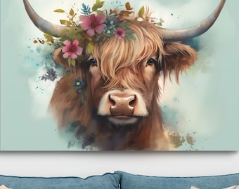 Canvasafdruk Highland Cow: bloemen aquarel muurkunst