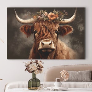 Highland Kuh Druck Leinwand Wand Kunst Blumenkrone Blumen Aquarell Malerei Natur Porträt Wohnzimmer Leinwand