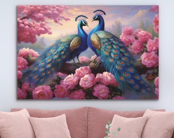 Puede incluir: Dos pavos reales con un plumaje vibrante azul y verde se encuentran entre flores rosas y blancas. Los pavos reales se miran, con sus colas extendidas en forma de abanico. El fondo es una imagen suave y borrosa de un patrón floral rosa y blanco.