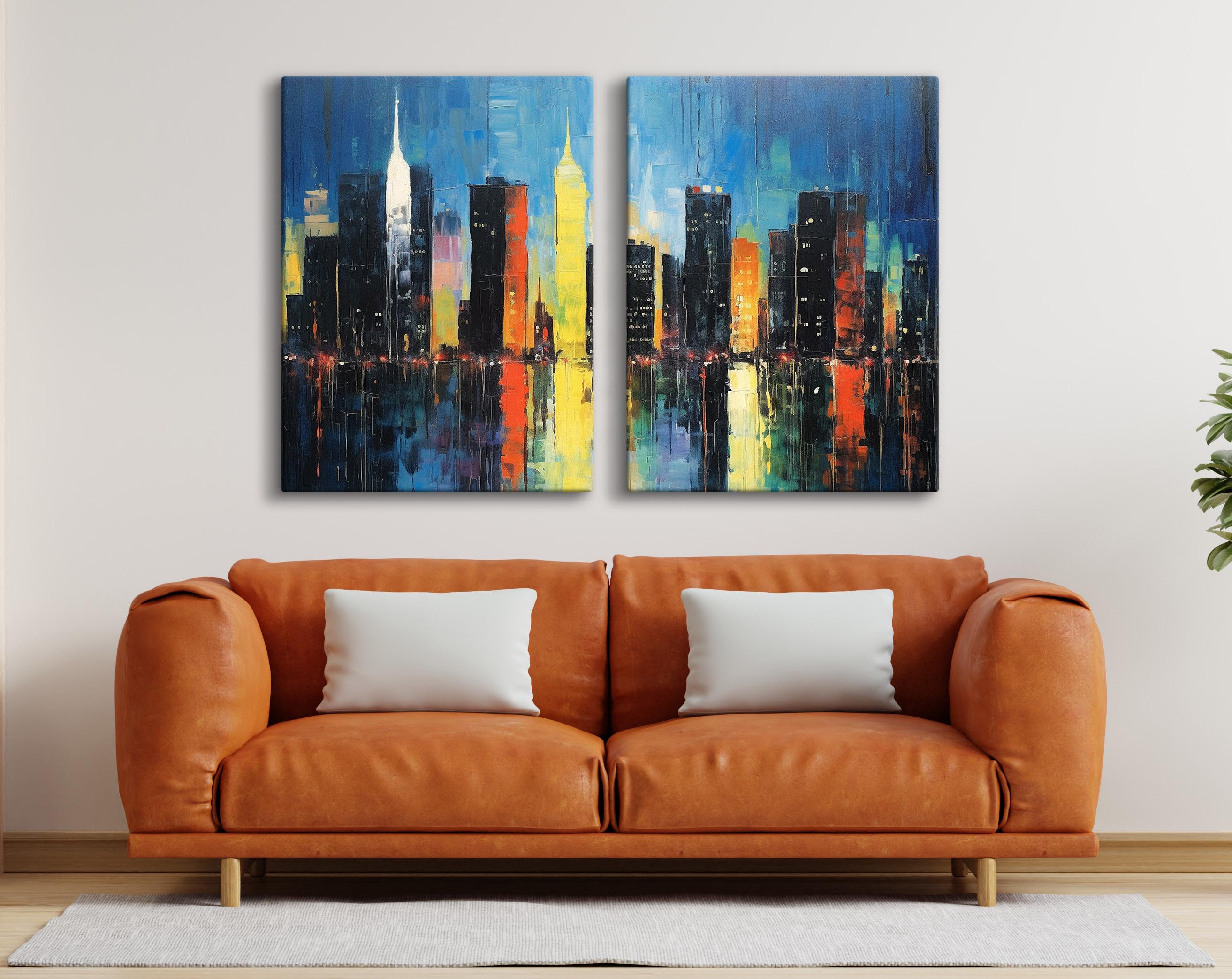 New York Cityscape Canvas Print: Night Skyline Oil Painting - Etsy