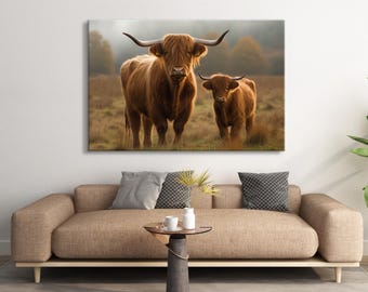 Canvasafdruk Highland Cow: zuidwestelijke muurdecoratie woonkamer