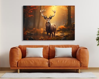 May include: A large, brown stag with antlers stands in a forest setting. The sun shines through the trees, creating a warm, golden glow. The stag is looking directly at the camera.