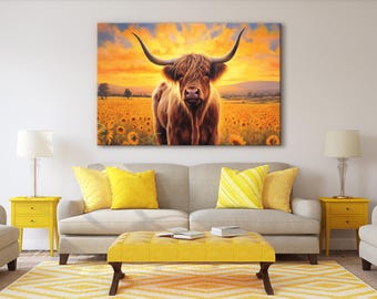 Canvasafdruk Highland Cow: westers portret, natuurlandschap muurkunst