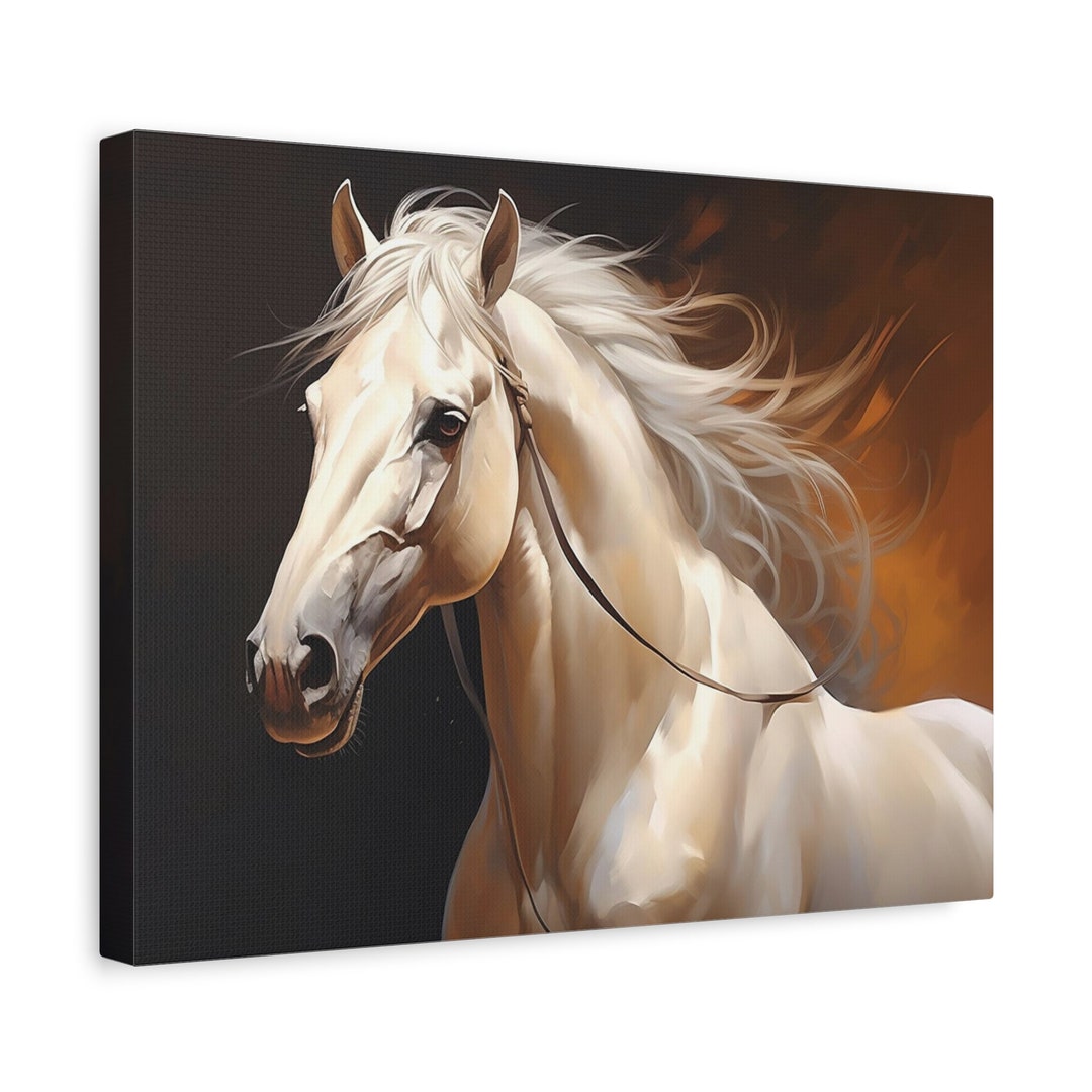 White Horse Canvas Wall Art Print Dark Black Painting Orange Spirit
