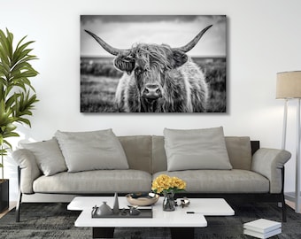 Highland Cow Canvas Print: Southwestern Black and White Wall Art