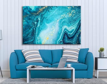 Abstract Marble Canvas Art Print: Blue, Aqua & Gold Wall Decor