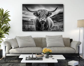 Canvasafdruk Highland Cow: zwart-wit zuidwestelijk landschap
