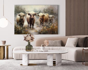 Canvasafdruk Highland Cow: zuidwestelijke muurkunst woonkamer