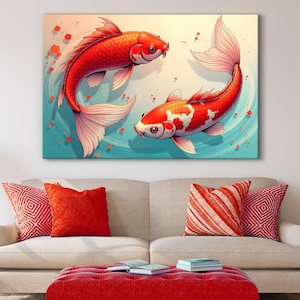 Lienzo impreso con diseño de pez koi de gran tamaño, obra de arte colorida, rosa y dorado, estética para sala de estar y dormitorio