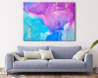 Abstrakte Alkoholtinte Leinwandkunst: Blau, Lila und Gold gedruckt