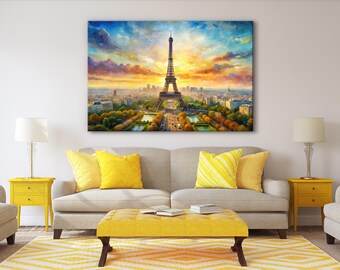 Lienzo con la Torre Eiffel al atardecer: decoración para el salón en París, Francia