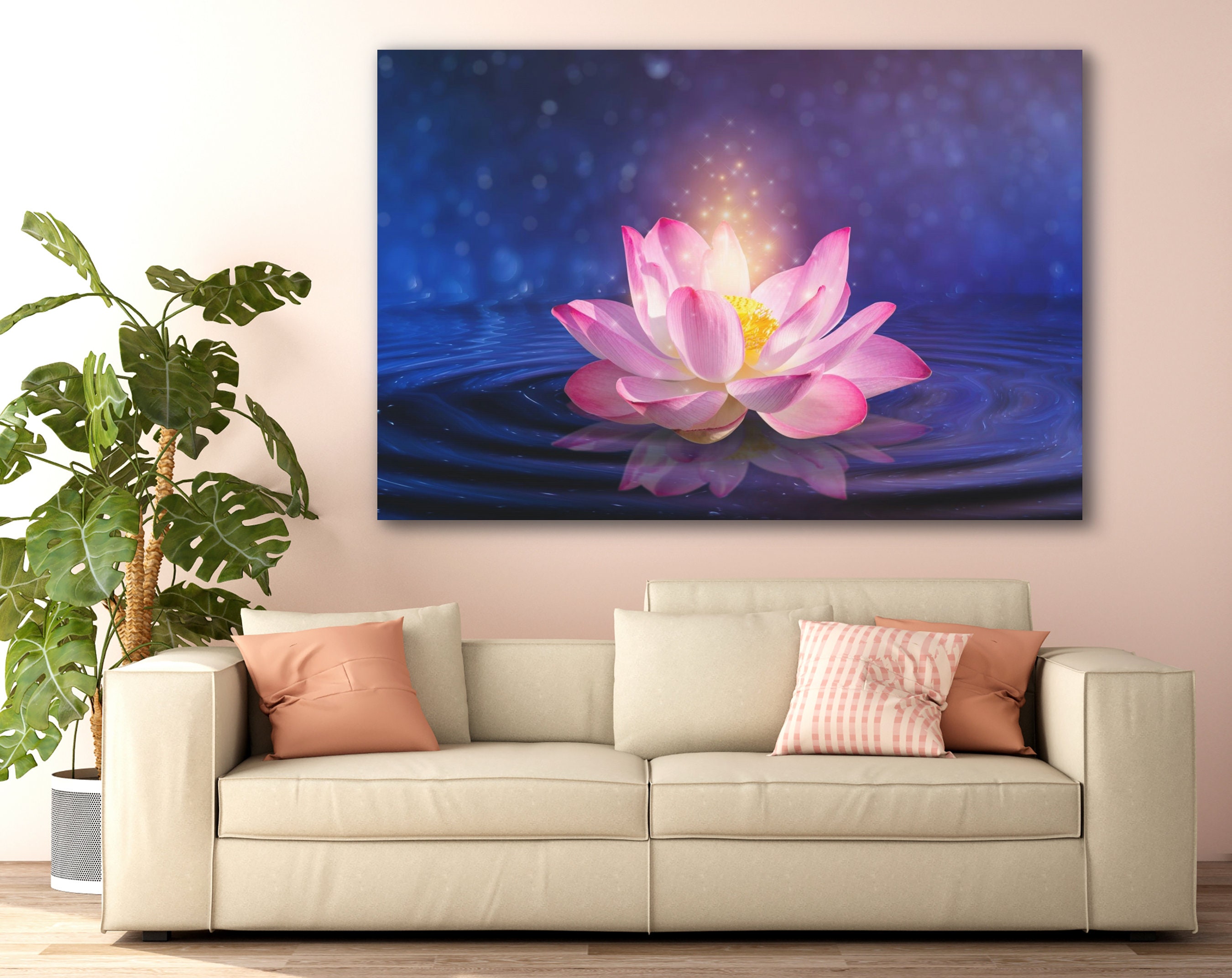 Lotus Flower Wall Art Canvas Print Blue Bright Light Water Art Pink ...