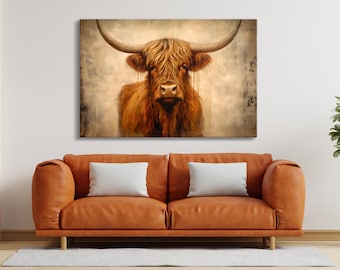 Canvasafdruk Highland Cow: rustieke western-aquarelkunst aan de muur