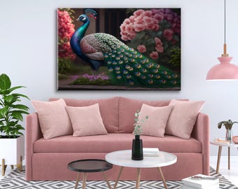 Peacock Canvas Print with Pink Flowers, Nature Wall Art