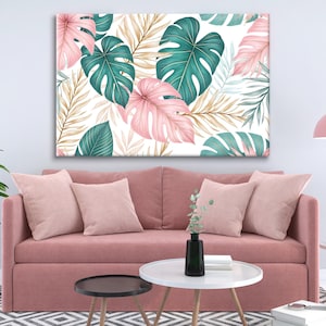 Impressão em tela floral abstrata: arte de parede botânica rosa e dourada