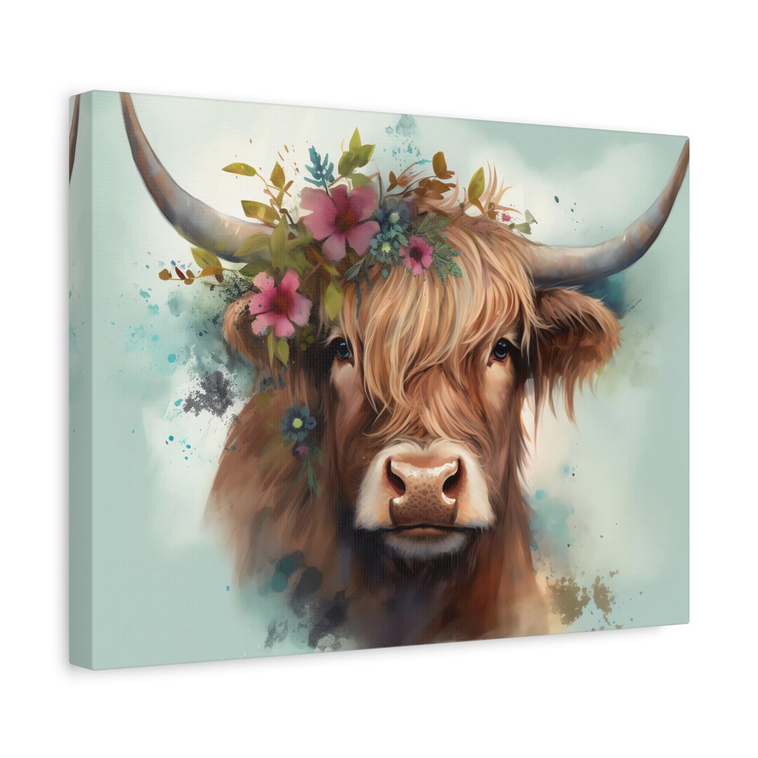 Highland Cow Print Canvas Wall Art Flower Head Abstract Etsy