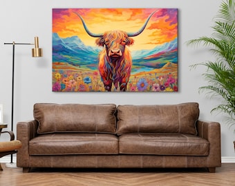 Canvasprint Highland Cow: kleurrijke abstracte zuidwestelijke muurkunst