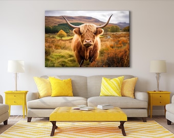 Canvasafdruk Highland Cow: western vee, herfstdecor