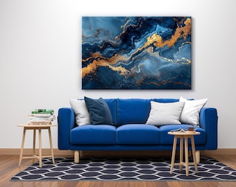 Abstract Marble Canvas Print: Navy Blue & Gold Alcohol Ink Art