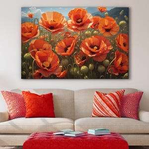 Poppy Flower Canvas Wall Art: Abstract Botanical Meadow Print