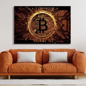 Bitcoin Art Print On Canvas Print Art Cryptocurrency Trader Gift Hustle Golden Office Sales Wall Decor