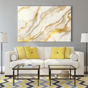 Arte de parede em tela de mármore abstrata: impressão giclée branca e dourada