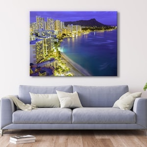 Waikiki Beach At Night Wall Art Canvas Print Decor Coastal Ocean Cityscape Skyline Dawn Island Hawaii Room Decor