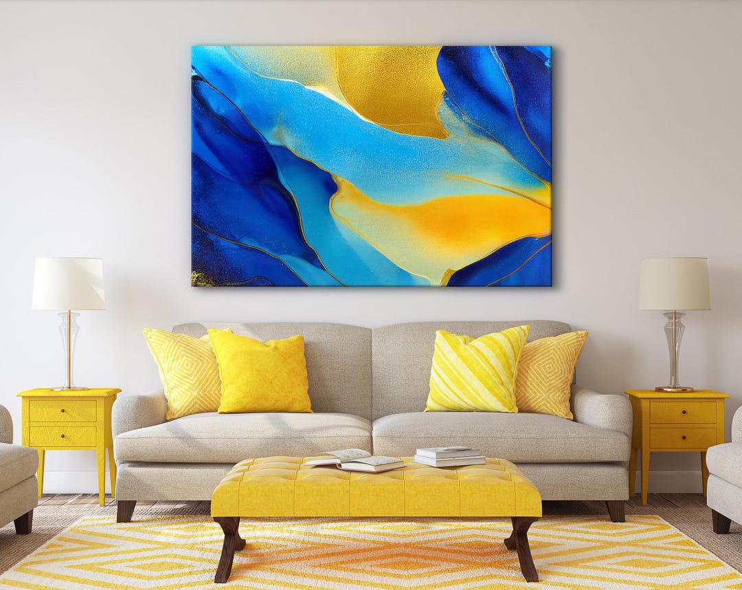 Blue & Yellow Abstract Art Print, Framed Canvas Wall Decor - Etsy