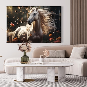 White Horse Print on Canvas Wall Art Wild Horse Art Abstract Majestic Floral Windy Aesthetic Gift Living Room Decor