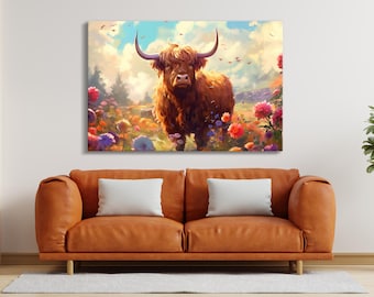 Canvasafdruk Highland Cow: kleurrijk olieverfschilderij kunst aan de muur