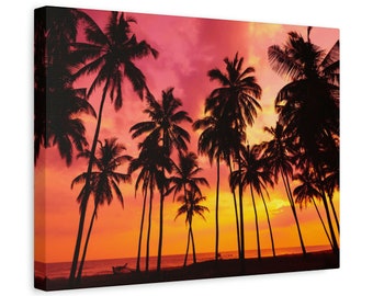 Tropical Beach Wall Art Canvas Print Sunset Palm Tree Coastal Wall Decor Beach House Living Room Canvas