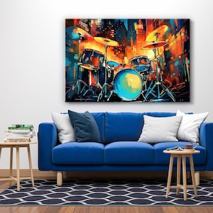 Drummer Canvas Wall Art Orange Blue City Scape Wall Painting Studio Drums Studio Hip Hop Pop Wall Decor