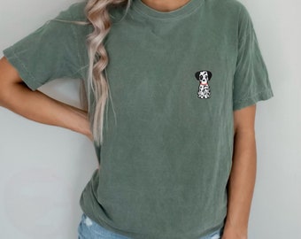 Dalmatian Dog Embroidered Patch Comfort Colors T-Shirt, Front Pocket T-Shirt, dalmatian frocket shirt, dalmatian tshirt, dog mom gifts