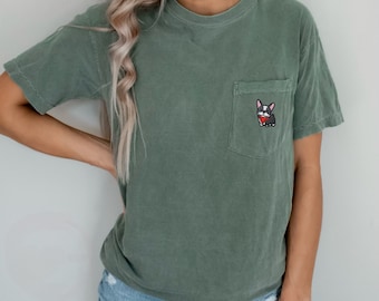 Cute Boston Terrier T-Shirt With Faux Pocket For Women Cute Boston Terrier T-Shirt With Faux Pocket For Women